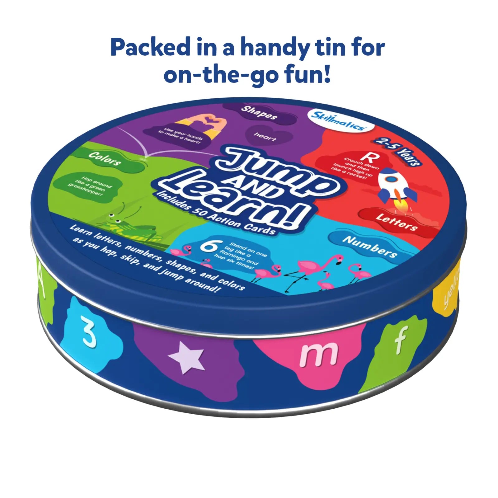 Jump and Learn activity card tin for toddlers ages 2 to 5 from Jump and Learn Flash Cards collection