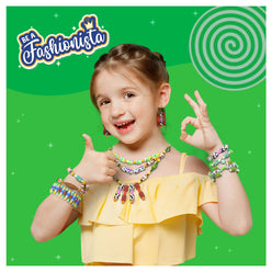 Smiling girl wearing colorful jewelry from Roll-up Beads Jungle Party DIY Jewelry Kit