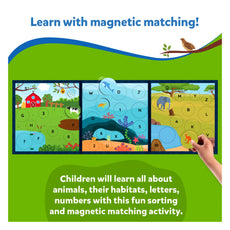 Educational magnetic matching game for kids featuring Letters, Numbers, and Animals