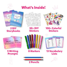 Children’s storybook art kit with unicorn and princess-themed crafting supplies
