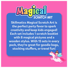 Promotional text for Skillmatics Magical Scratch Art on a pink background