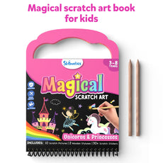 Colorful magical scratch art book for kids featuring unicorns and princesses for ages 3 to 8