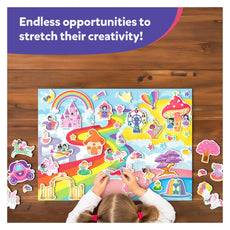 Child playing with a colorful puzzle on a wooden table, with text 'Endless opportunities to stretch their creativity!' above.