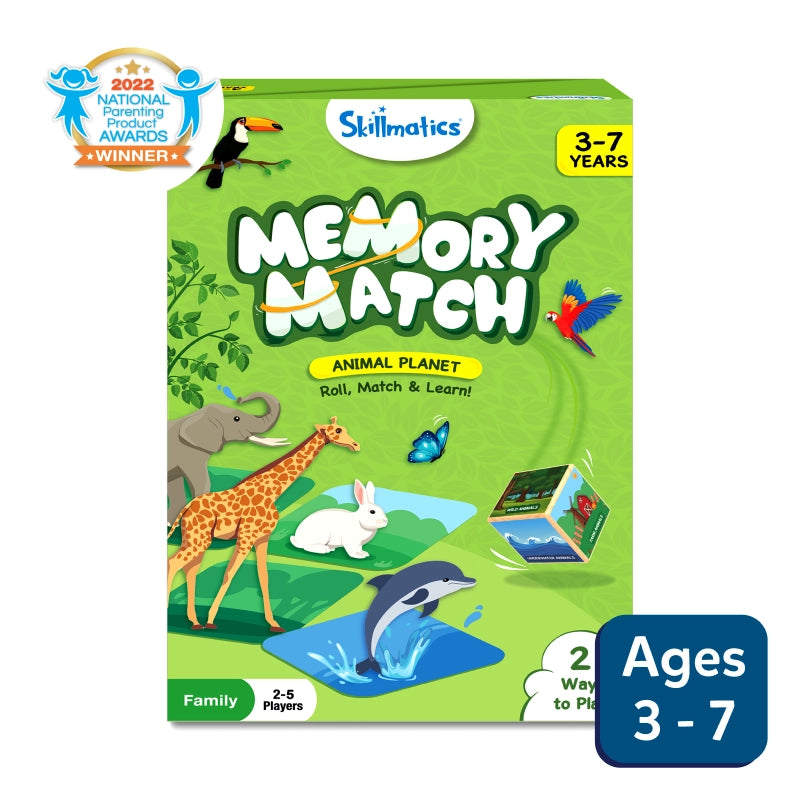 Memory Match Animal Planet game box for kids aged 3 to 7 featuring animal cards