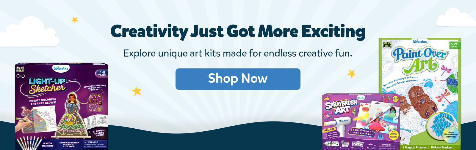 New Launch: Creativity Just Got More Exciting. Explore unique, mess-free art kits for endless creative fun. Features Skillmatics Light-Up Sketcher, Spraybrush Art, and Paint-Over Art. Shop Now.