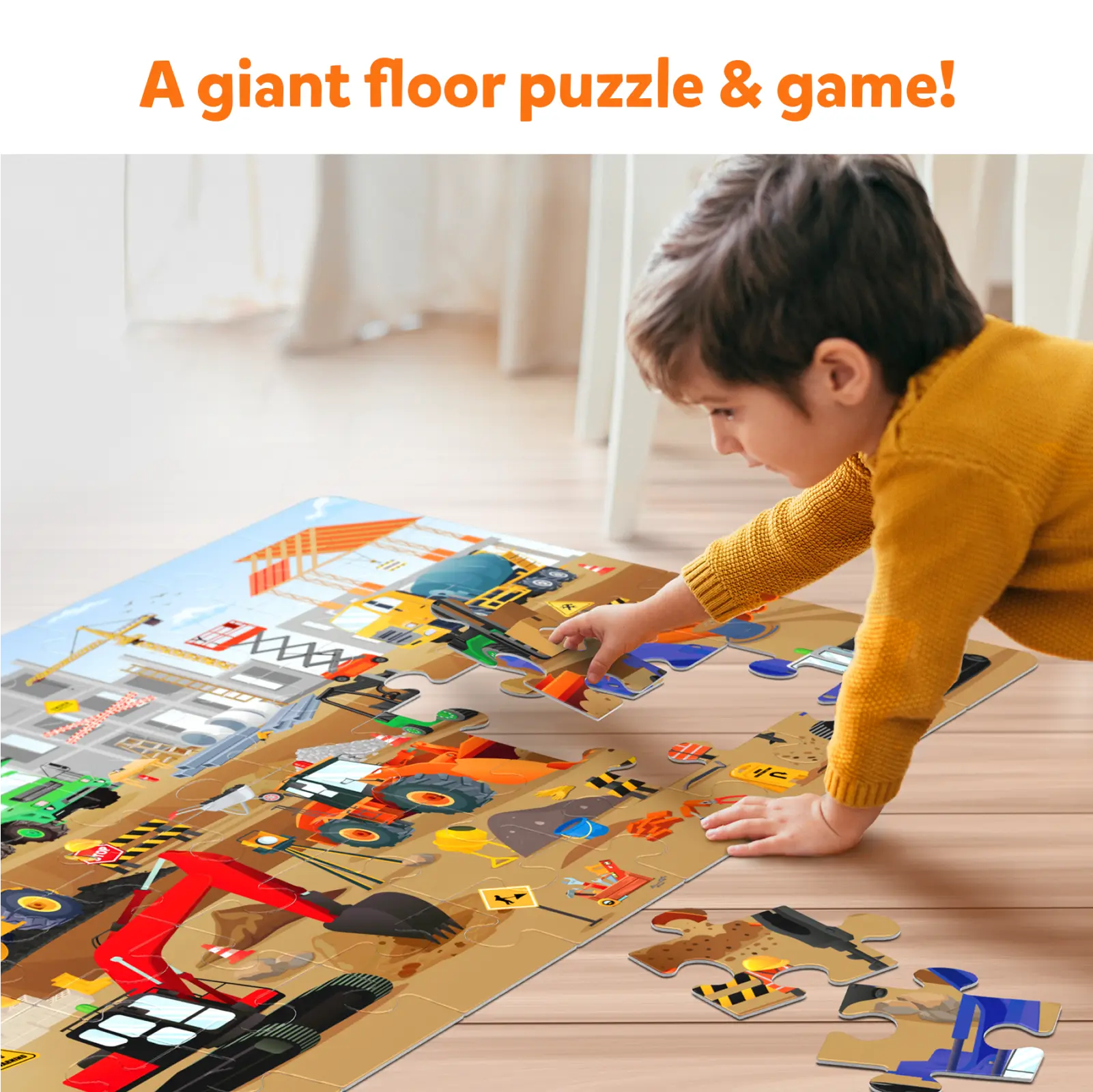 Construction-themed floor puzzle for kids ages 3-7 in the Piece & Play Construction Site set