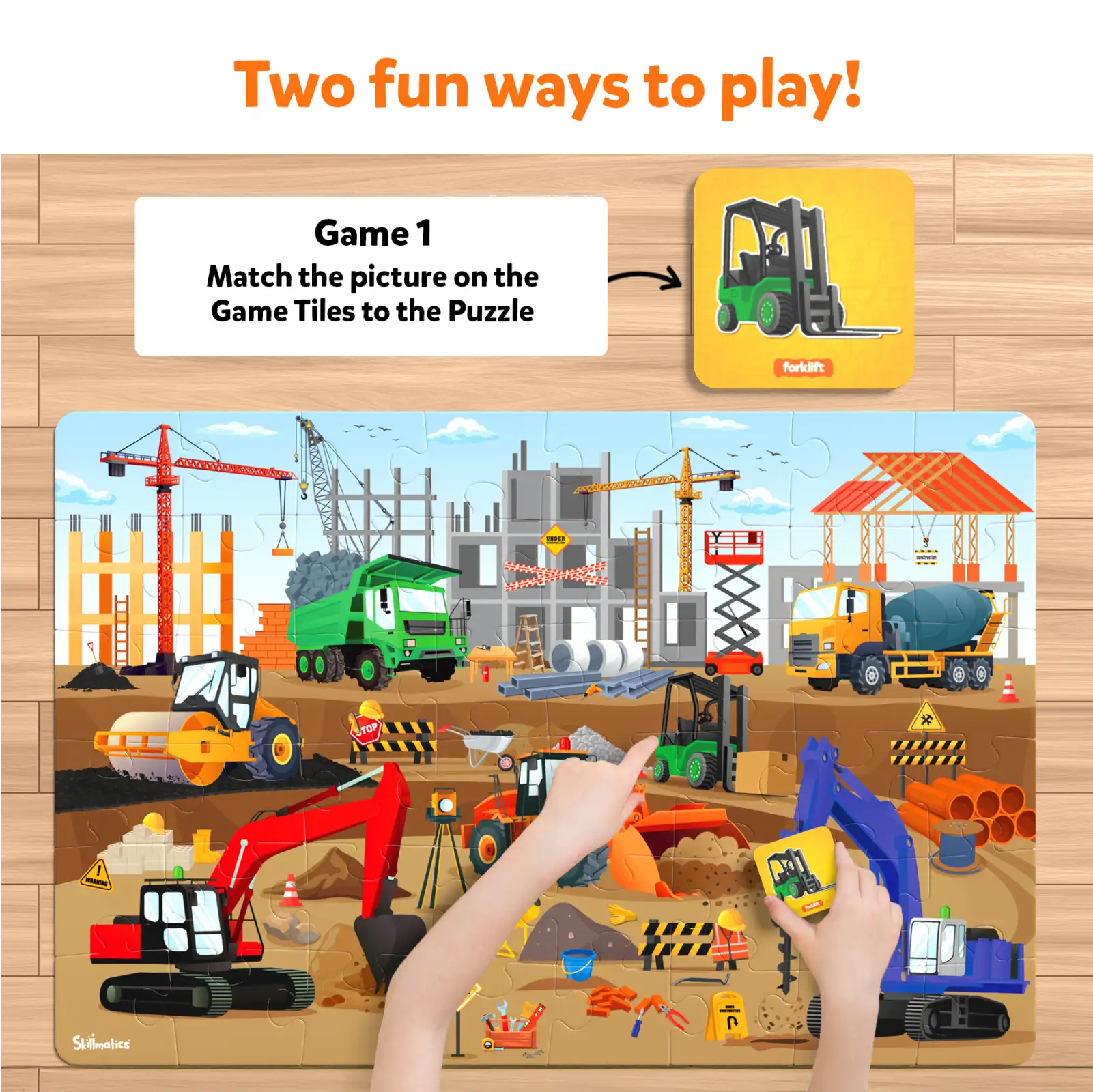 Construction-themed puzzle game for kids ages 3 to 7 in the Piece & Play Construction Site set