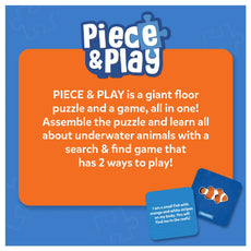 Advertisement for 'Piece & Play' puzzle and game set on a blue background with orange text box.