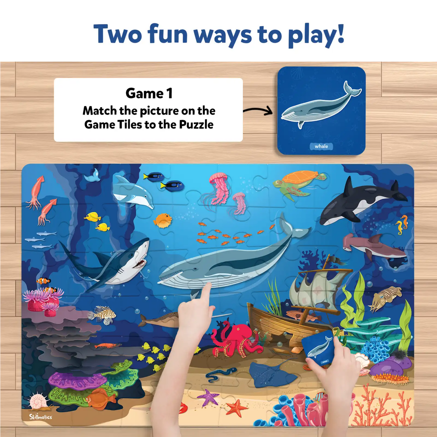 Ocean-themed puzzle game featuring colorful underwater animals for kids ages 3-7