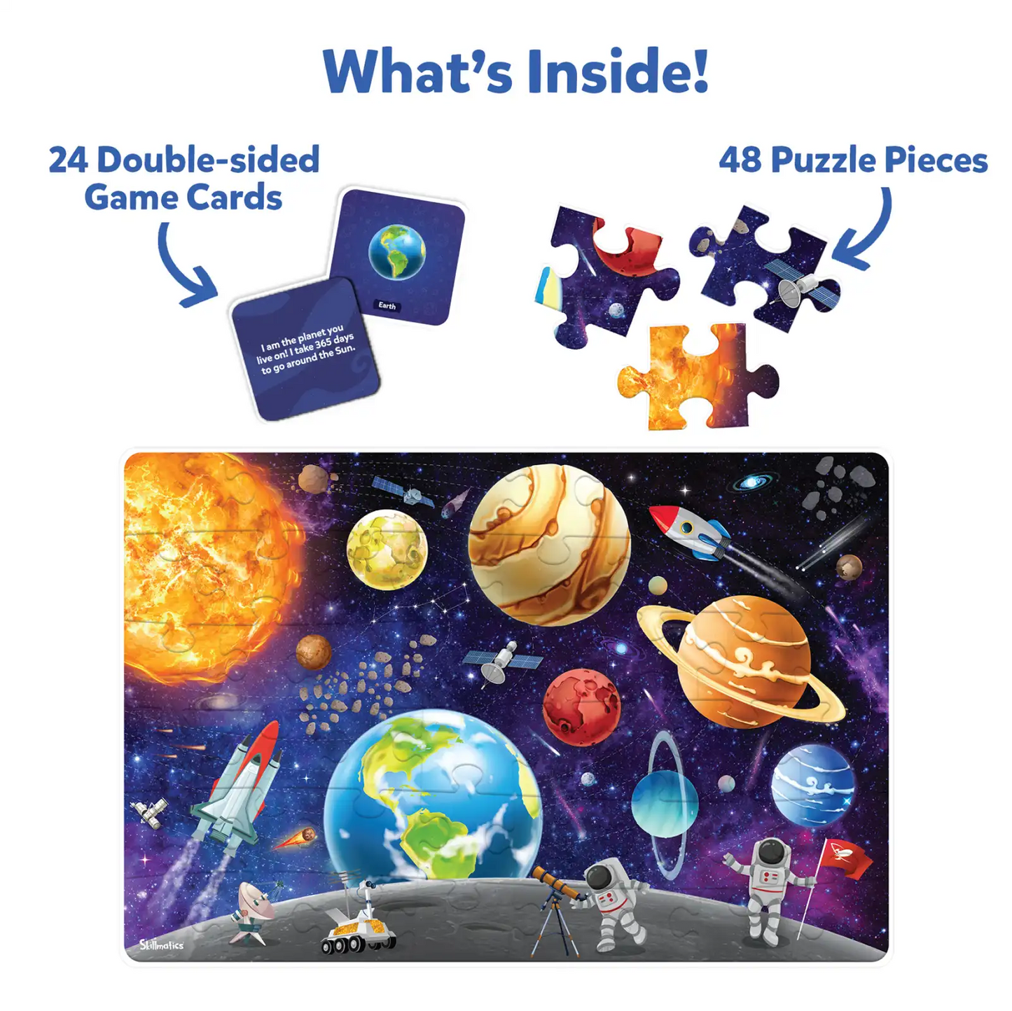 Space-themed puzzle with game cards for kids ages 3 to 7 in Piece & Play Up in Space