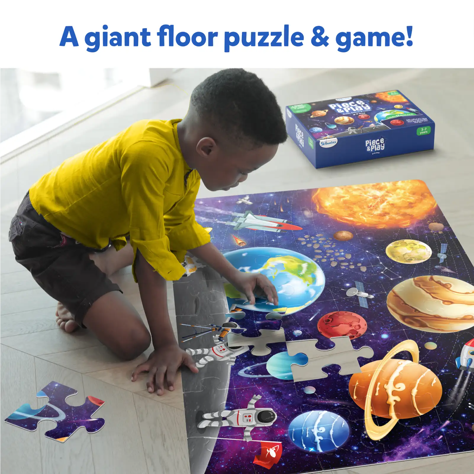 Colorful space-themed floor puzzle for kids ages 3 to 7 from Piece & Play Up in Space