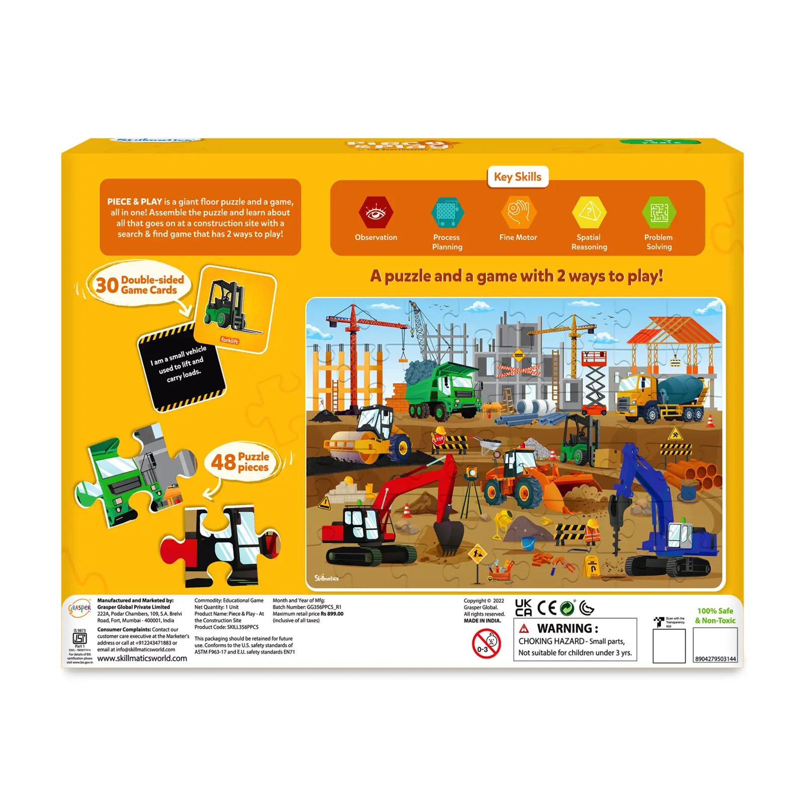 Construction-themed puzzle box for kids ages 3-7, part of Piece & Play Construction Site series