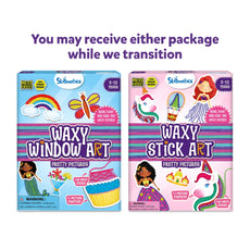 Two Skillmatics art kit packages shown side by side during a packaging transition: Waxy Window Art on the left and Waxy Stick Art on the right