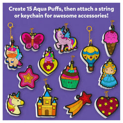Colorful Aqua Puff keychains featuring Princesses and Unicorns from the 3D Art Kit