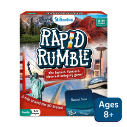 Rapid Rumble board game featuring colorful state cards and game pieces for ages 8+