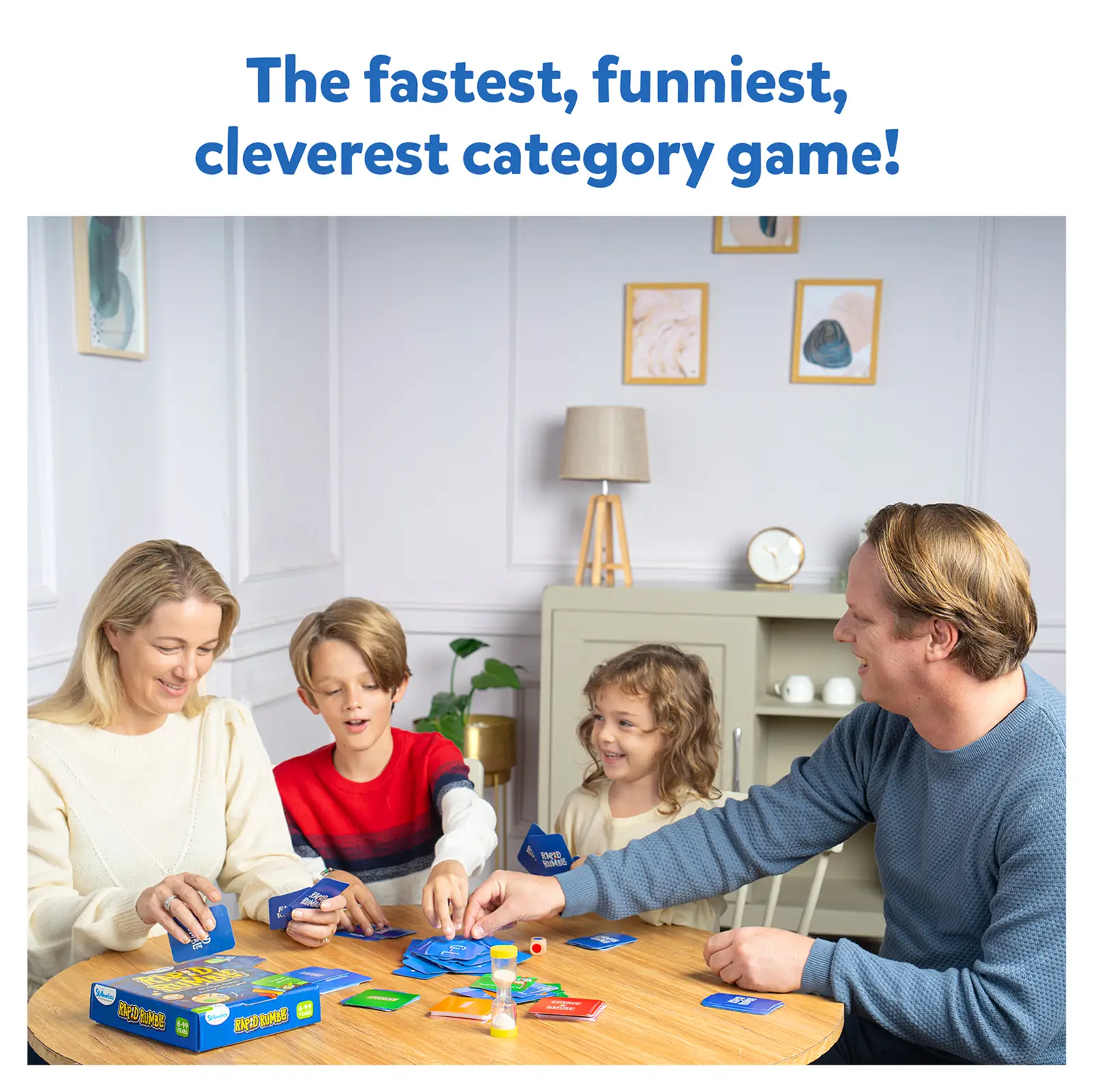 Family playing Rapid Rumble board game for ages 6+ indoors