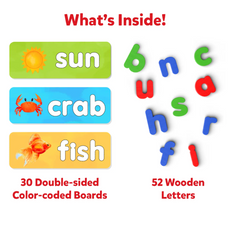 Educational word-building game on wooden boards for ages 4 to 7 in Ready To Spell product
