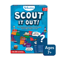 Scout It Out board game box featuring a colorful map of the 50 US states for ages 7+