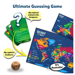 Educational guessing game showing a world map for the Scout it Out Countries of The World trivia board game