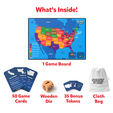 Scout It Out game components for the 50 States Trivia Board Game for ages 7+