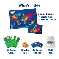 Scout It Out game components for Countries of The World trivia board game on display