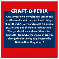 Craft-O-Pedia scrapbook description showcasing USA-themed origami puzzle book for ages 7+