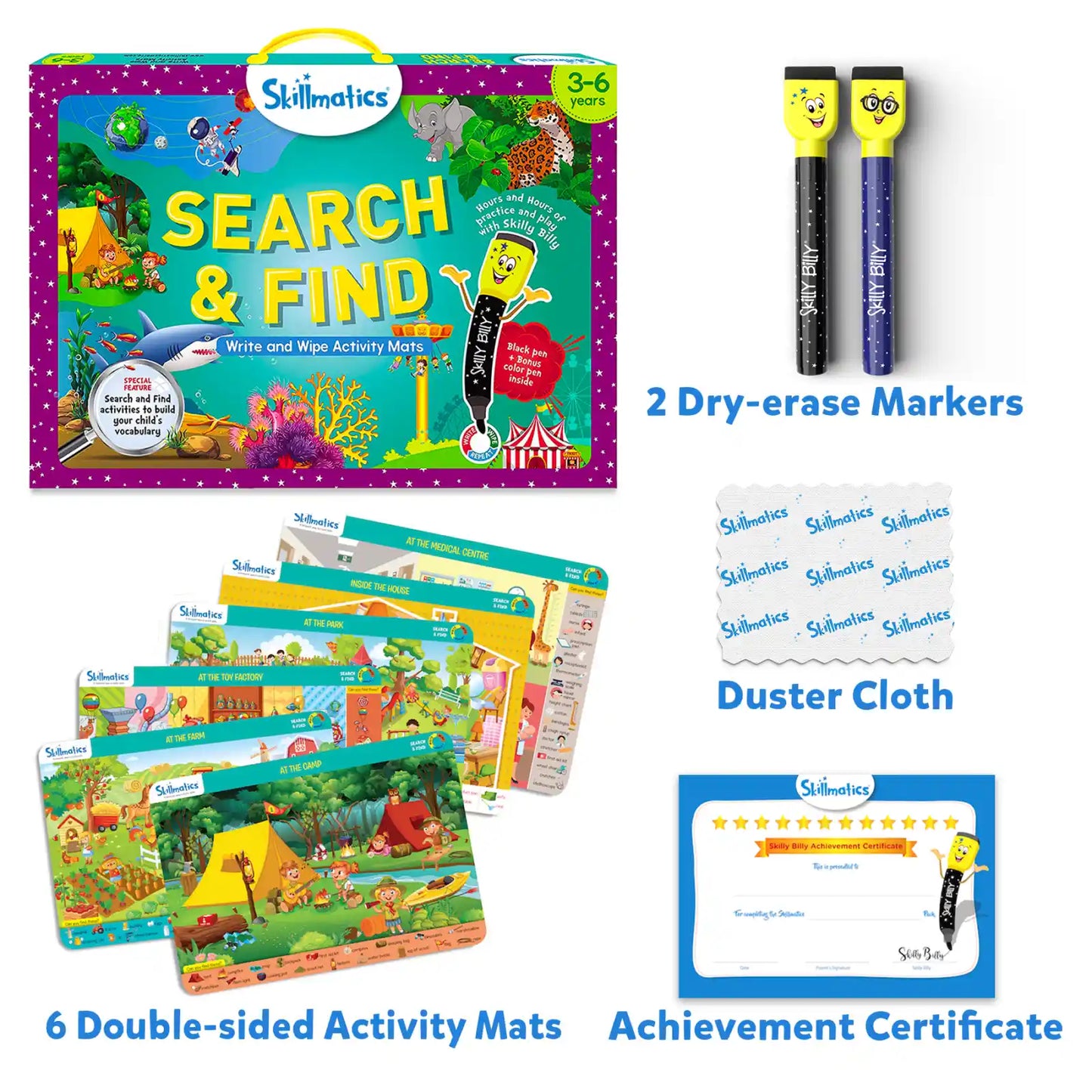 Skillmatics Search & Find activity set featuring reusable activity mats for ages 3 to 6