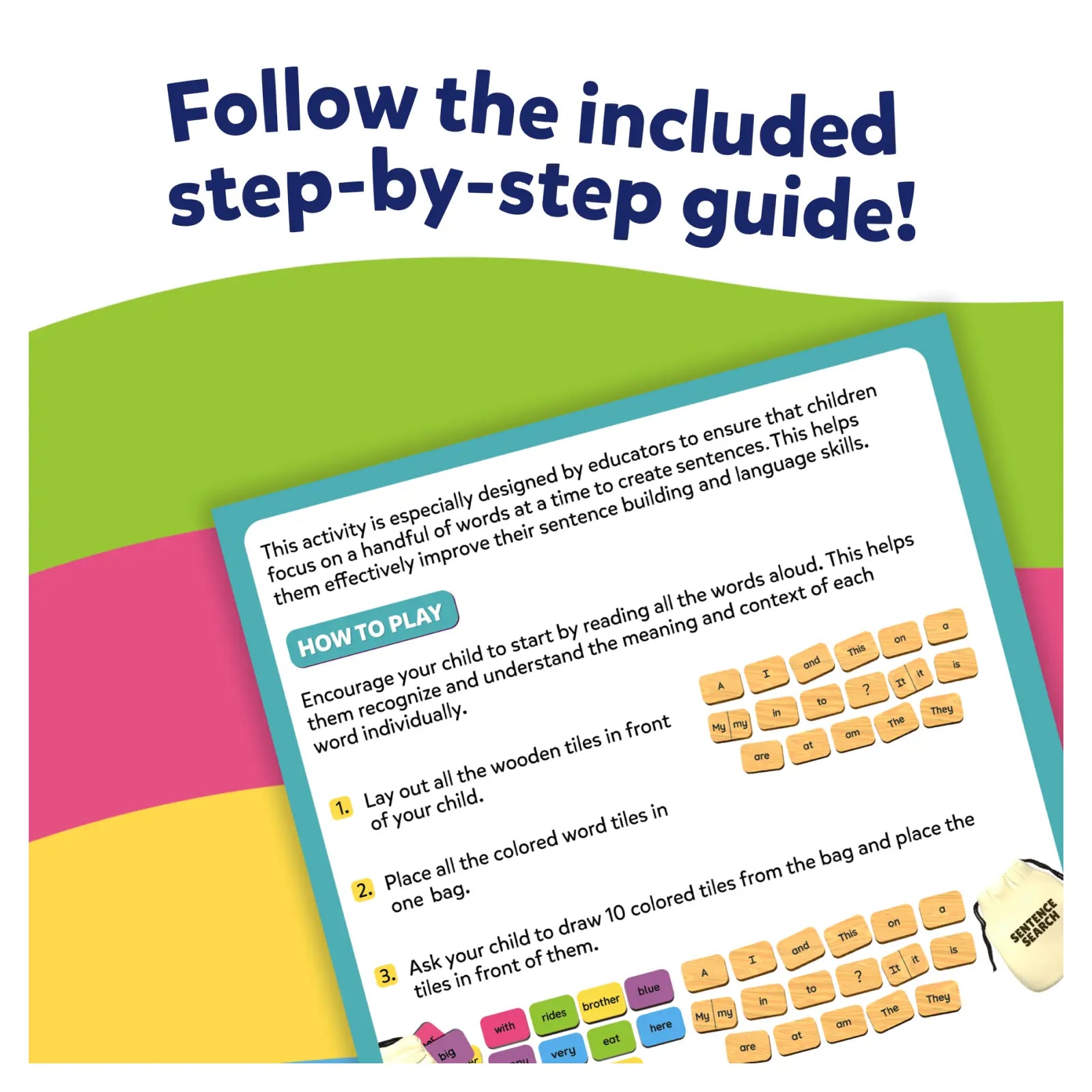Educational word game instructions for Sentence Search Sentence Building Activity for ages 5-8