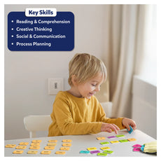 Child playing with educational word tiles for sentence building activity at ages 5-8