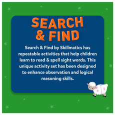 Promotional graphic for 'Search & Find' by Skillmatics with a blue square and green border, featuring text and a cartoon sheep.