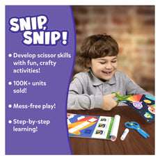 Child using scissors with educational materials, promotional text on a purple background