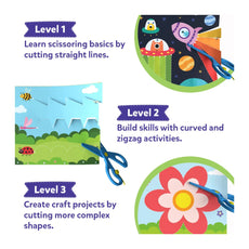 Educational craft kit with scissors and cut-out shapes for different skill levels.