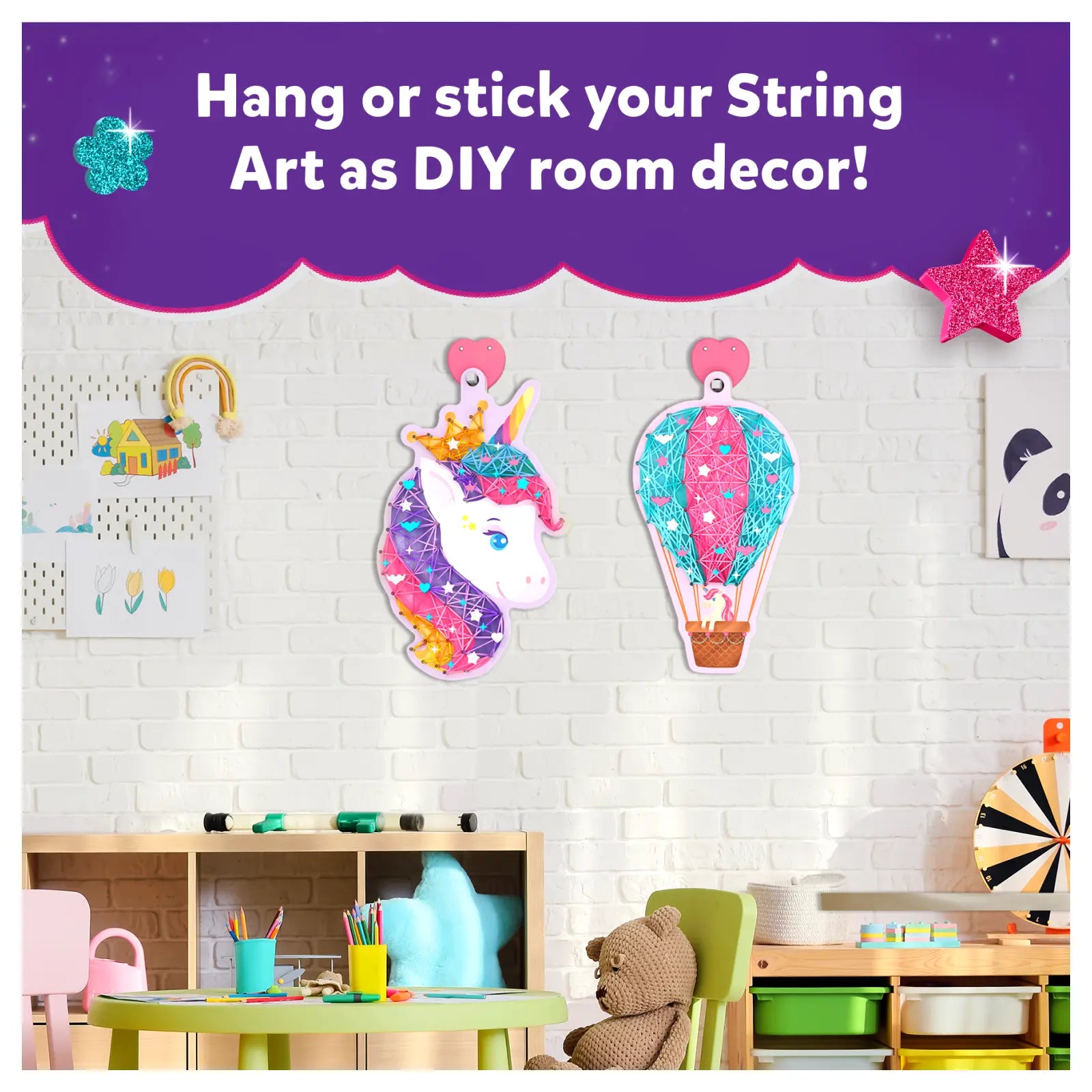 DIY string art room decor with colorful unicorn design from Super Strings Unicorn Magic for kids