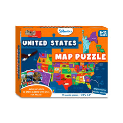 United States map puzzle box for kids ages 6-12 displaying colorful state pieces