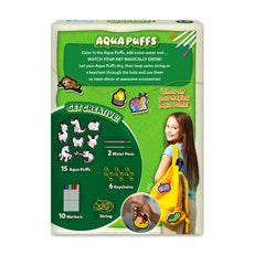 Aqua Puffs product packaging with green and white design, showing water pens, markers, and keychains.