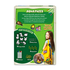Aqua Puffs product packaging with green and white design, showing water pens, markers, and keychains.