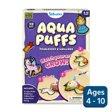 Box of Aqua Puffs art kit for princesses and unicorns with colorful graphics on a white background.