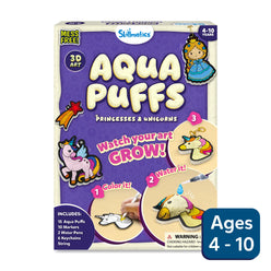 Box of Aqua Puffs art kit for princesses and unicorns with colorful graphics on a white background.
