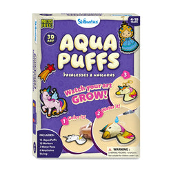 Skillmatics Aqua Puffs kit packaging with princesses and unicorns on a purple background