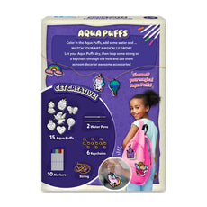 Aqua Puffs product packaging with a child and unicorn illustration on a white background