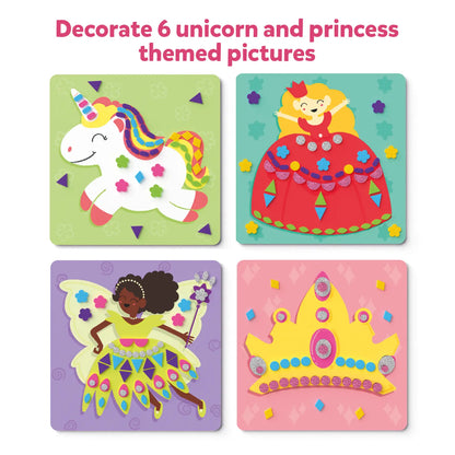 Unicorn and princess themed craft pictures from Fun with Foam No Mess Sticker Art for ages 3-7