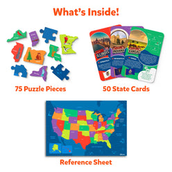 United States Map Puzzle and Card Set for ages 6-12 displayed on product page