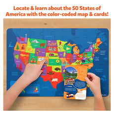United States map puzzle with state cards for ages 6 to 12