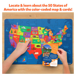 United States map puzzle with state cards for ages 6 to 12