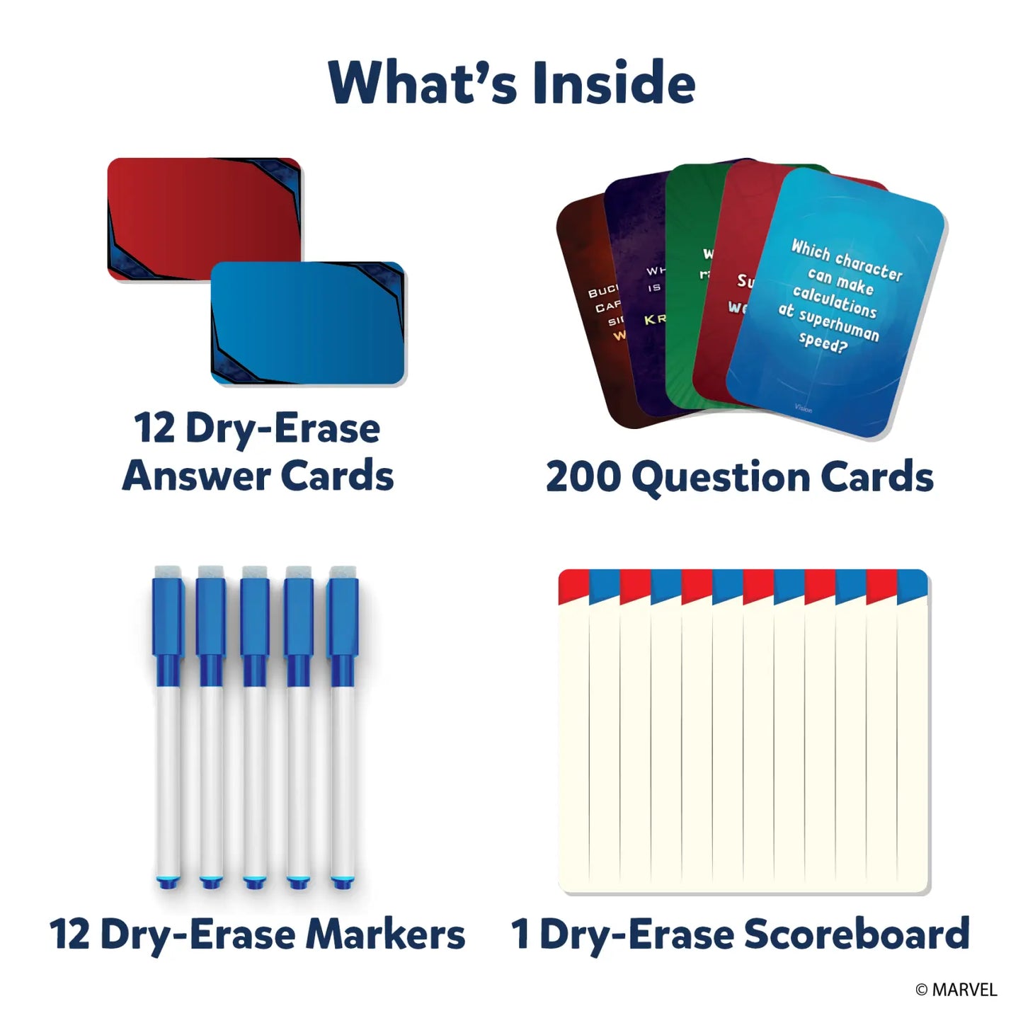 Marvel trivia game contents shown for Who Knows Marvel Best family and party card game