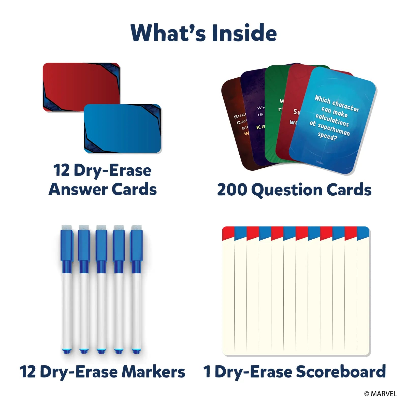 Marvel trivia game contents shown for Who Knows Marvel Best family and party card game