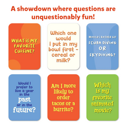 Colorful question cards from Who Knows You Best Family and Party Card Game for ages 8+