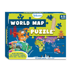 World map puzzle box for ages 6-12 showcasing educational geographic game