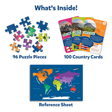 Geography-themed puzzle and card game for ages 6-12 featuring a World Map design