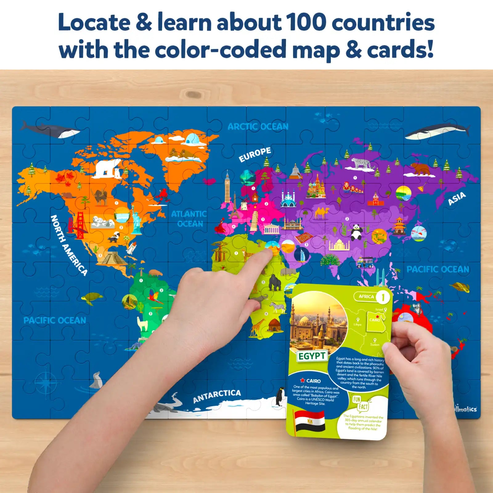 Color-coded World Map Puzzle with country cards for ages 6-12